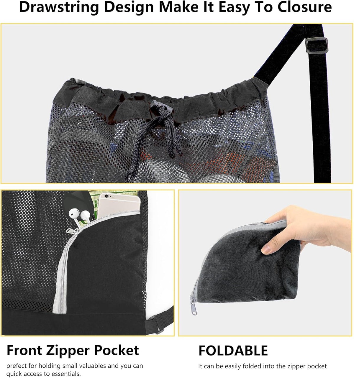 Mesh Drawstring Bag Swim Backpack for Beach Pool Sports Gym Draw String Cinch Bags for Swimming Soccer Basketball Gear Black